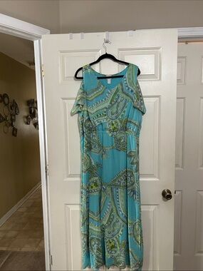 Women's Teal Paisley Cold-Shoulder Maxi Dress